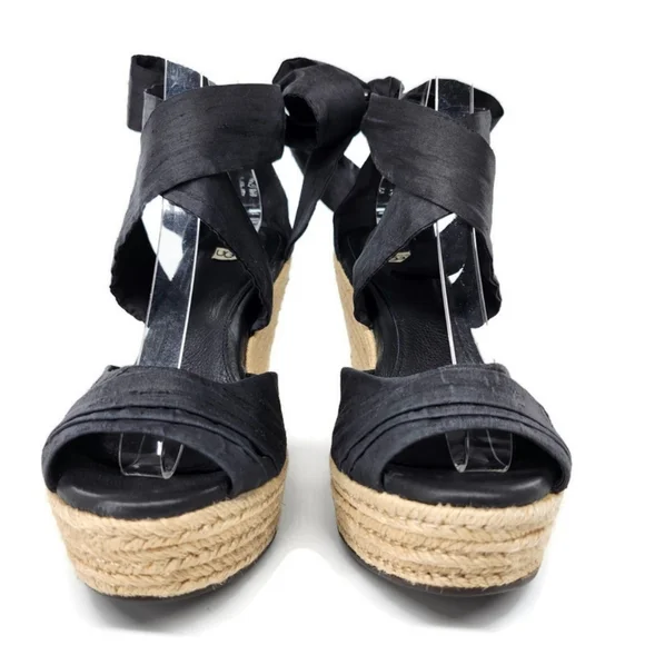 UGG Lucianna Black Ribbon Ankle Wrap Tie Peep-Toe Braid Jute Wedge Heel Sandals - Picture 5 of 11